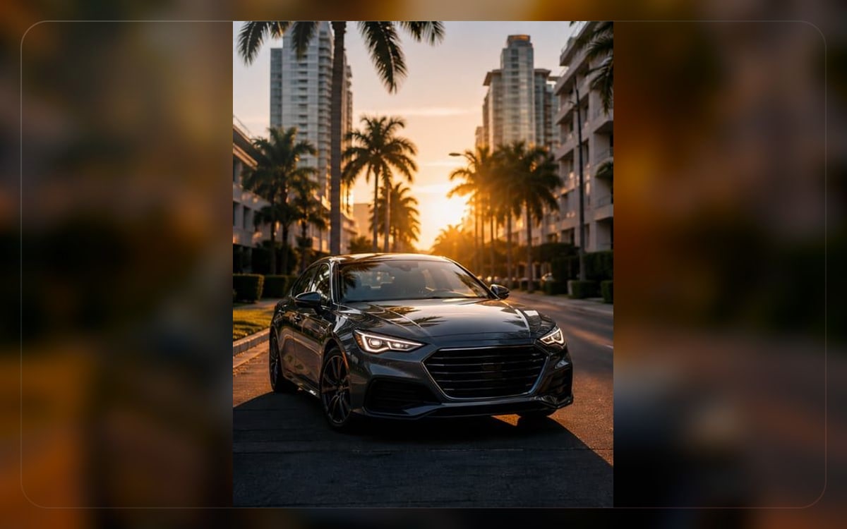 Miami auto insurance visual with a premium car on a palm-lined city street