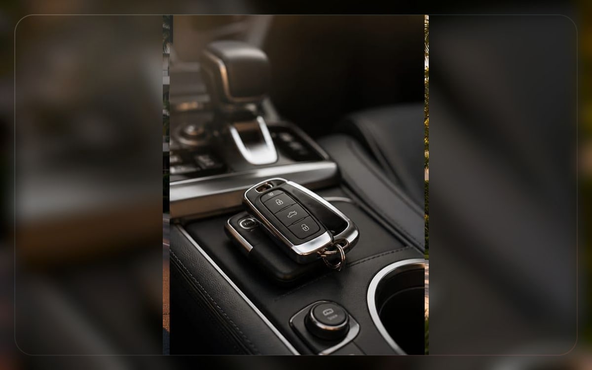 Auto insurance visual showing refined vehicle keys and console details
