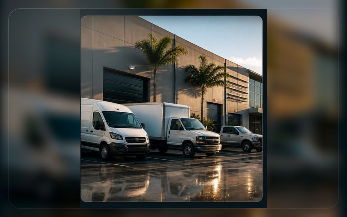 Commercial auto insurance visual showing business vehicles at a modern workspace