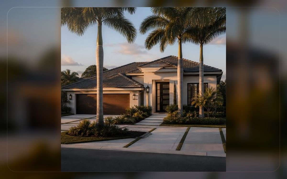 Homeowners insurance visual showing a Florida home with palm trees and warm exterior lighting