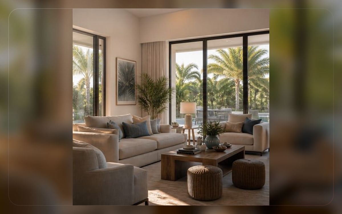 Homeowners insurance visual showing a calm living room with Miami natural light