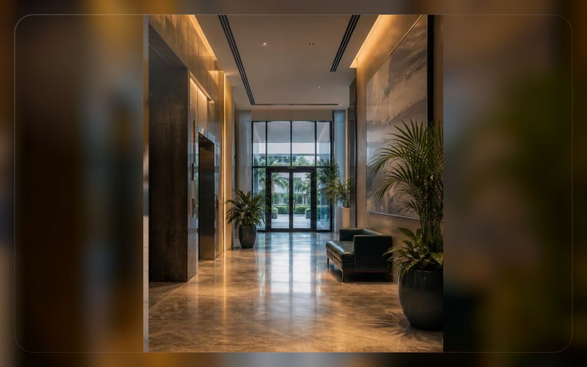 Renters insurance visual showing a luxury apartment corridor and entry area